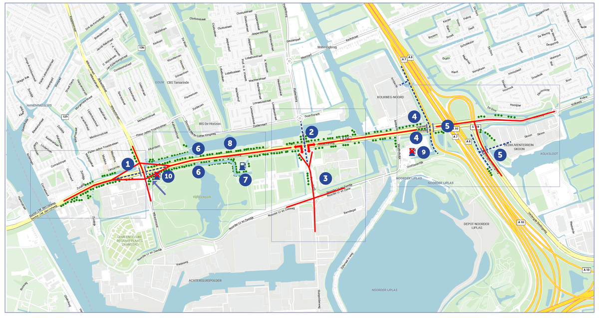 Kaart met daarop de plekken waar de Thorbeckeweg - N516 wordt aangepakt